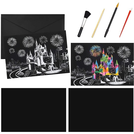 Rainbow Scratch Paper Kit, Whimsical Castle CityScape, Sketch DIY Art Craft, 2 Pcs Castle Designs, 2 Blank Sheets, 4 Tools (16.3 x 11 In)